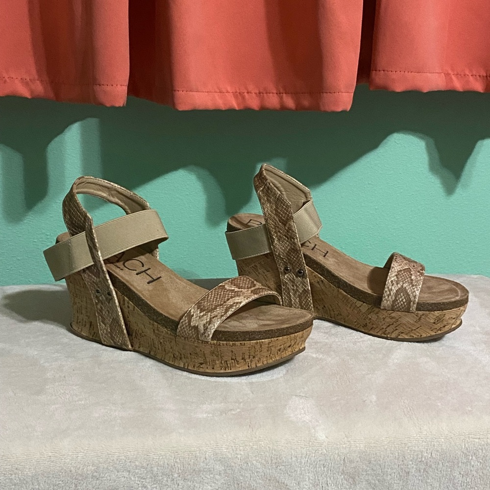Tan snakeskin platform sandals